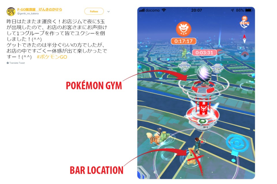  A tweet showing how close the bar and gym are - and explaining how drinkers banded together to take down a powerful Pokémon there