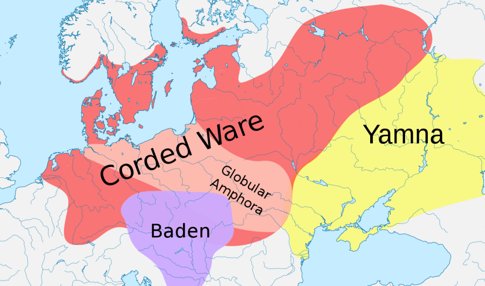  This map shows where the Corded Ware and the Globular Amphora communities lived across Europe, the two groups mixing could have led to conflicts