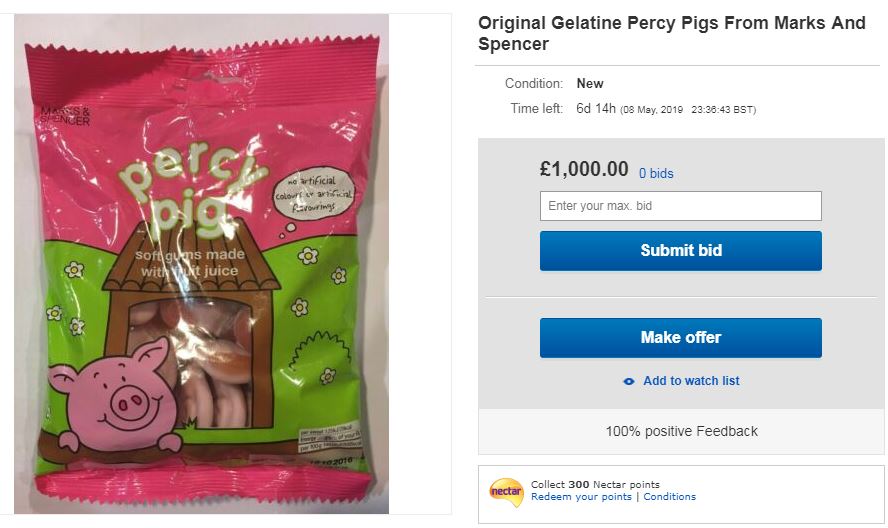  One joker listed a pack of original recipe Percy Pigs for £1,000