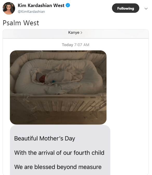  Kim announced the news via a text from Kanye