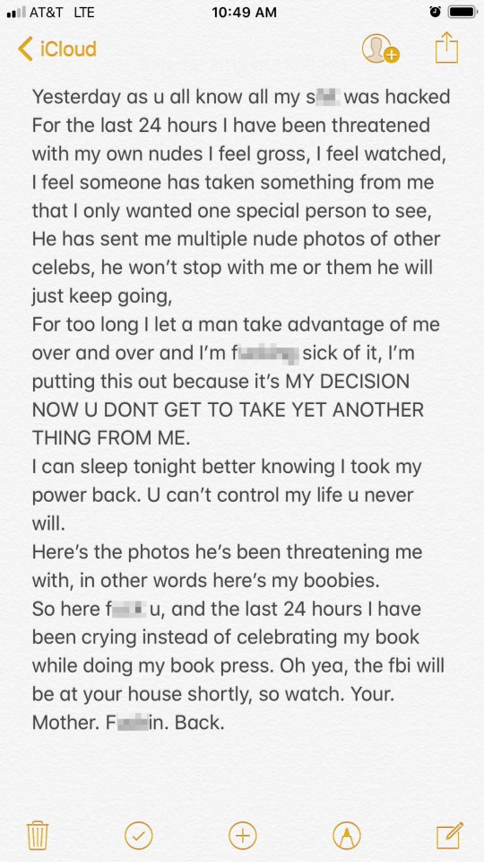  Accompanying the grabs, Bella wrote a heartfelt message - revealing that the assailant also had indecent images of other celebs