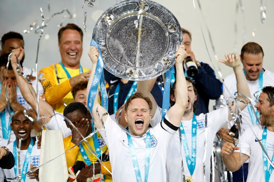 Olly Murs celebrates after England’s shootout win in 2018