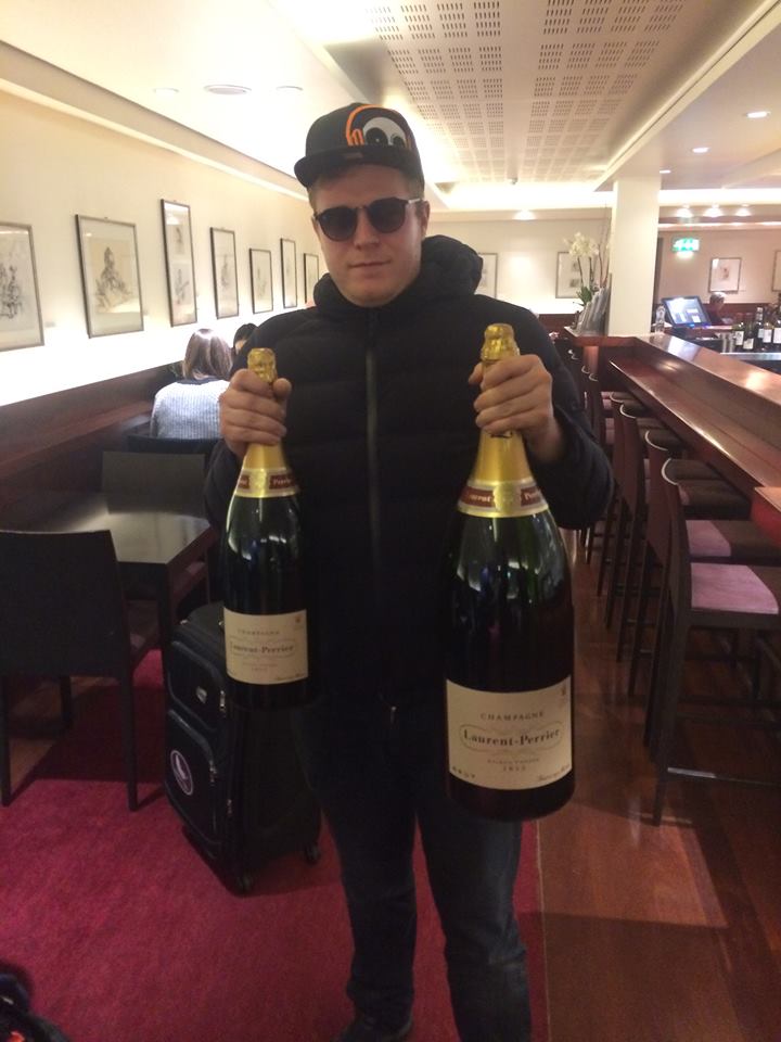  Jon-Ross Watson poses with bottles of champagne as it was revealed the pair had gone on a four-day bender