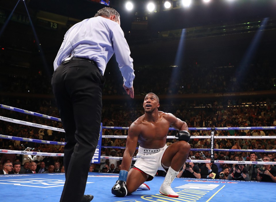 Anthony Joshua is floored by a left hook from Andy Ruiz – and his promoter Eddie Hearn says he can recall little of the fight after that