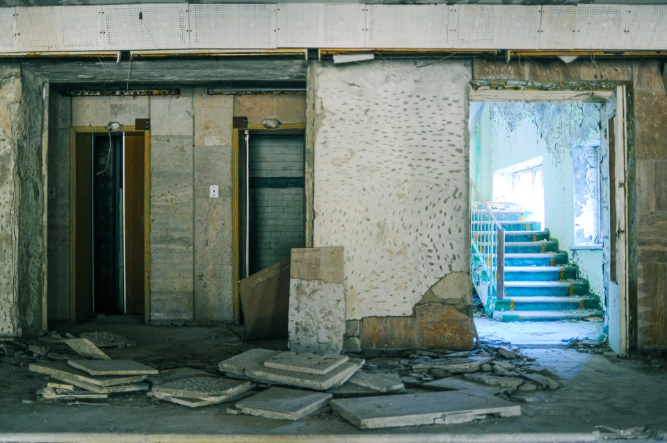  Abandoned elevators in the city's Polissya Hotel