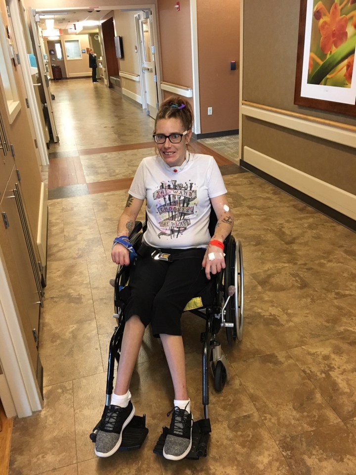  Racheal, in a wheelchair, has learned to walk again