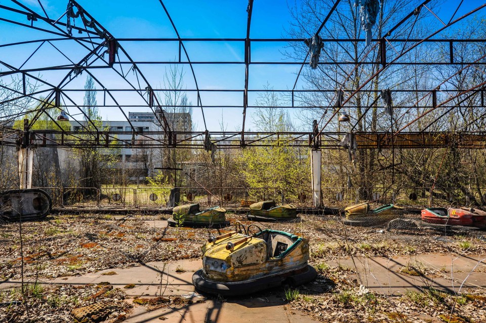  Rusting dodgem cars that were abandoned after the nuclear disaster