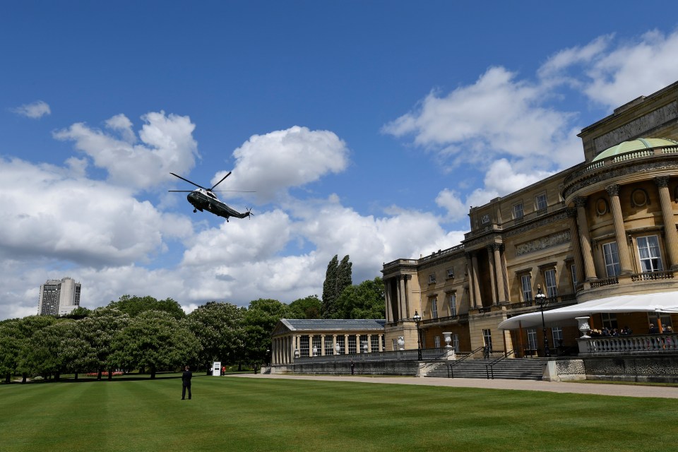  The President's helicopter Marine One landing on the Buckingham Palace lawn