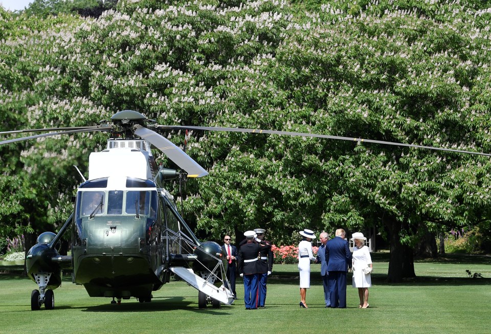  Mr Trump and his wife Melania touched down on the lawns of Buckingham Palace to meet the Queen, Prince Charles and the Duchess of Cornwall