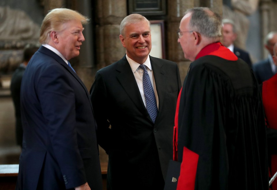  Prince Andrew, Duke of York smiles and shakes hands with US President Donald Trump during the tour