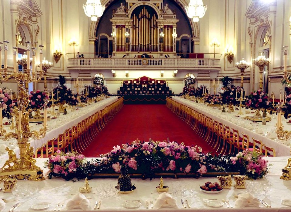  The State Banquet table in the Buckingam Palace Ballroom ready for the lavish event