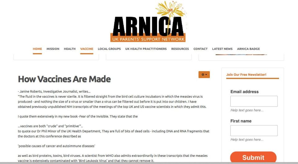  Anna's site Arnica peddles the message that vaccines are the possible cause of cancer