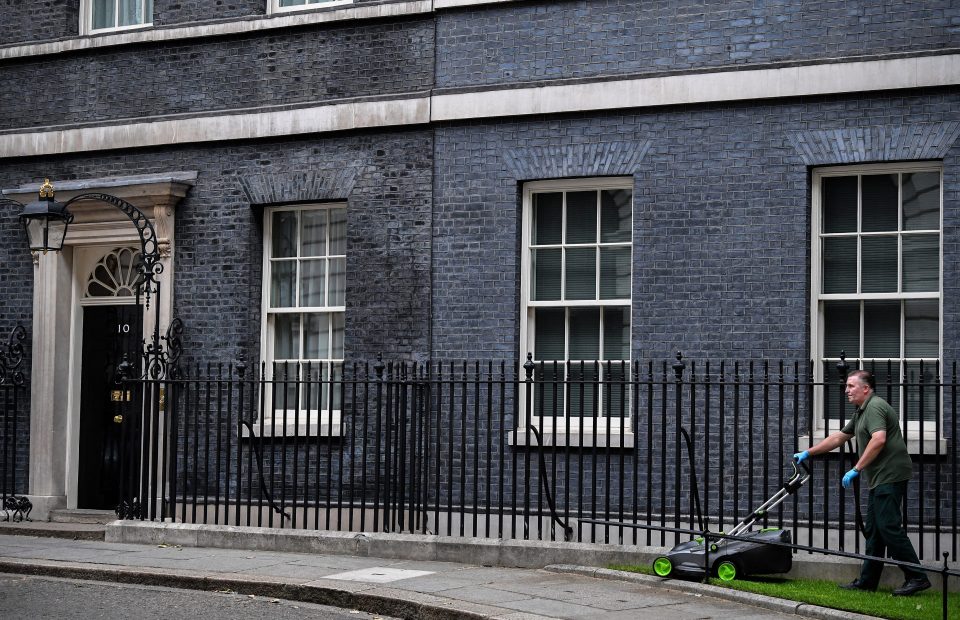  A gardener giving No10's lawn the once over while Mrs May is working in her constituency