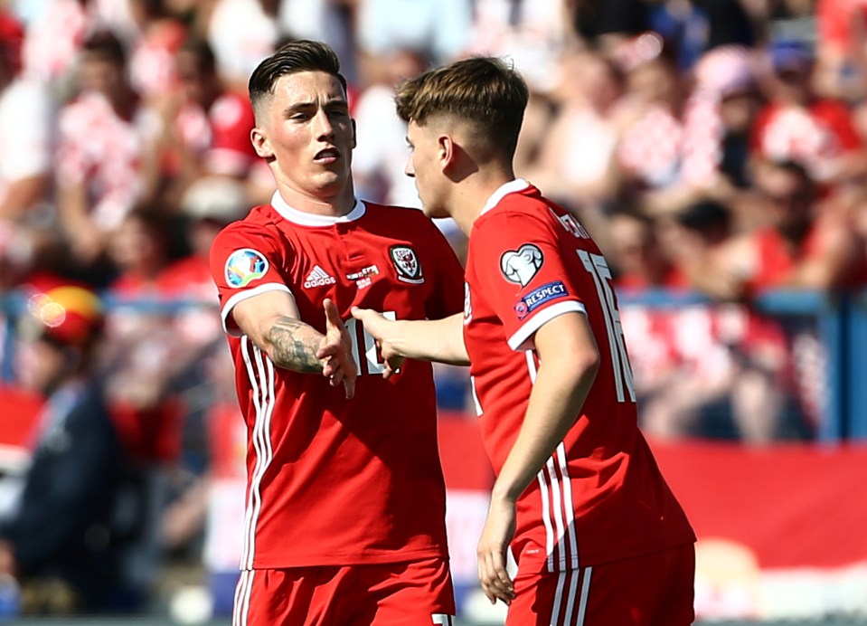  Wales' David Brooks celebrates after pulling a goal back with Harry Wilson