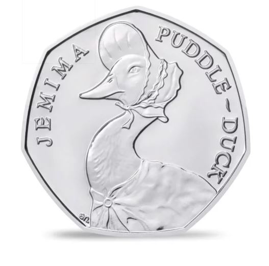 a silver coin with jemima puddle duck on it