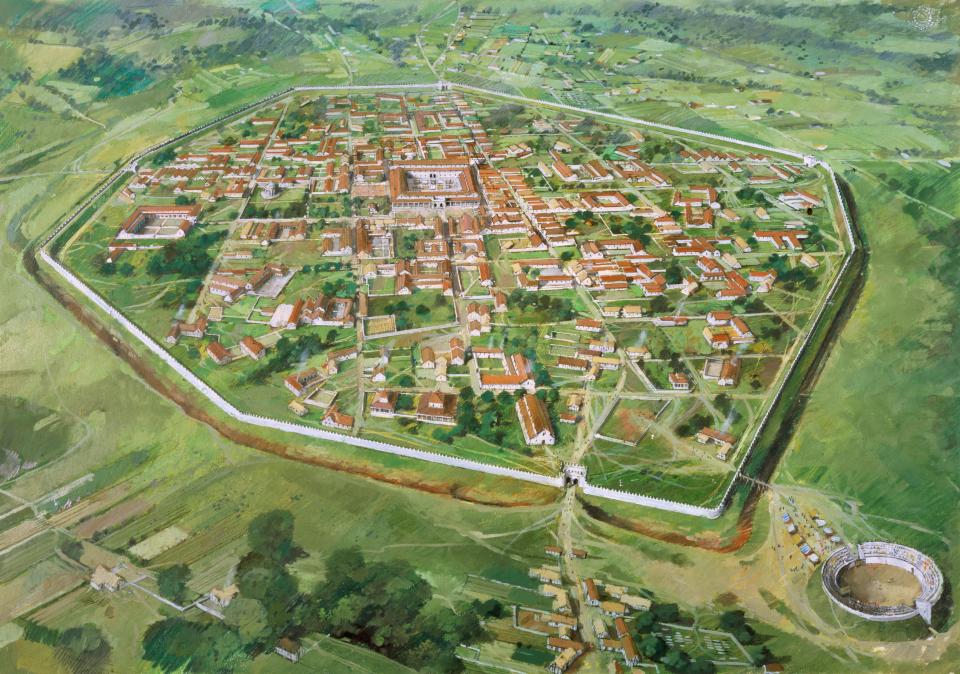  Roman settlements were protected by huge walls and panted the seeds for many of the British towns and cities we know today. Pictured is an artist's impression of the Roman town Calleva Atrebatum in Berkshire around the Third Century AD