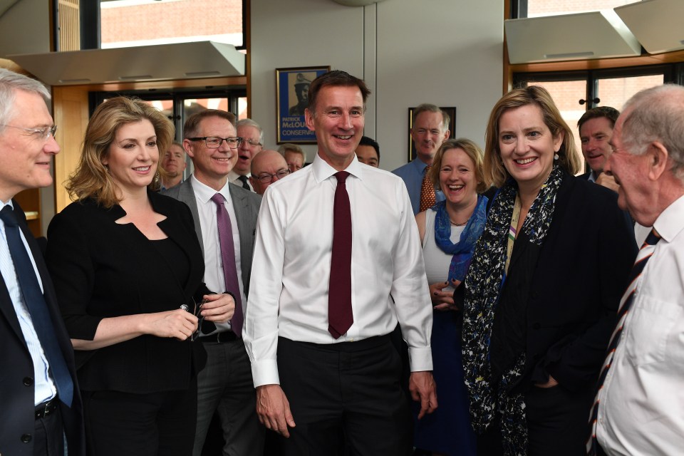 Jeremy Hunt in Parliament today with backers including Penny Mordaunt and Amber Rudd