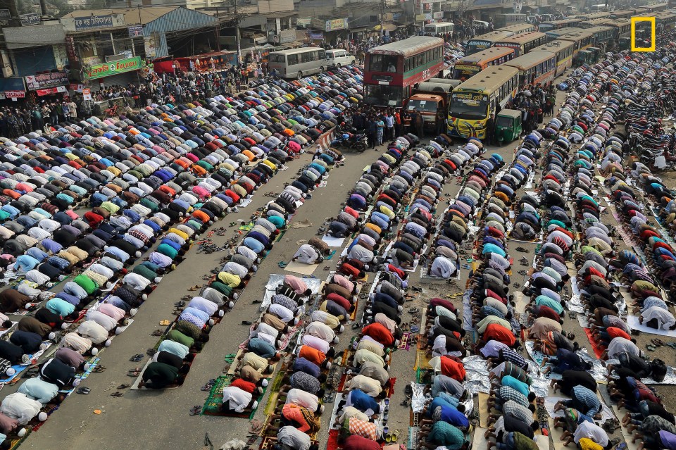  Third place in the cities category is 'Streets of Dhaka' by Sandipani Chattopadhyay. The artist said: 'Bishwa Ijtemais one of the major Islamic religious gatherings which is [observed] annually in Dhaka and millions of Muslims visit'