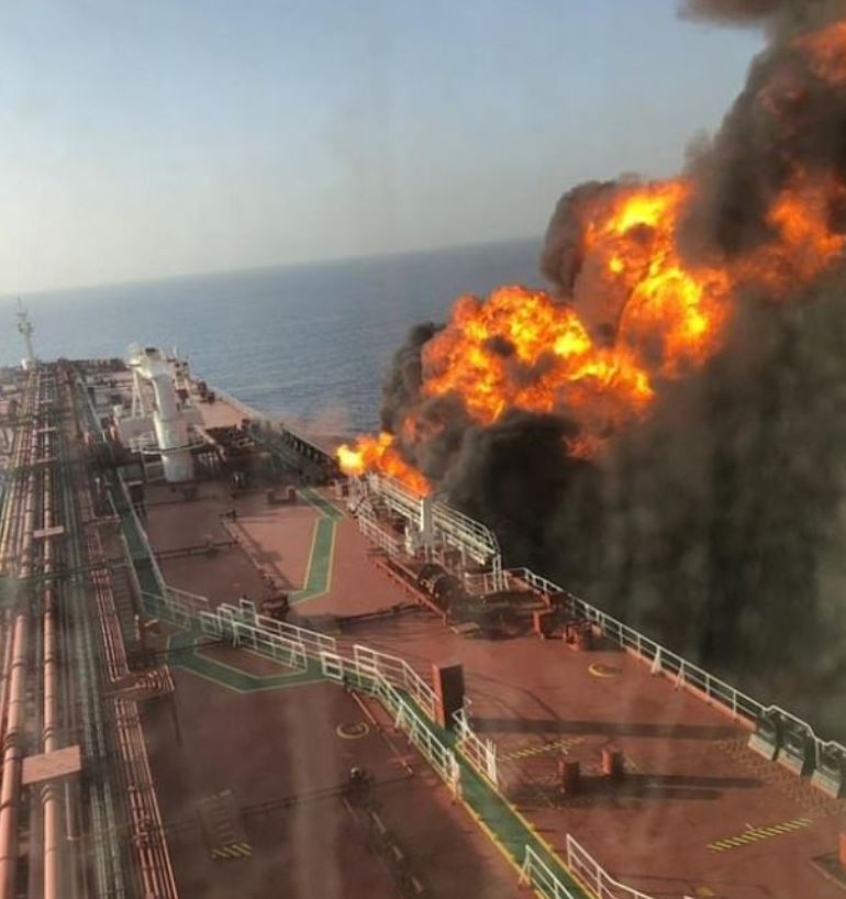 A huge fire rages on board the Front Altair after it was reportedly hit by a torpedo in the Gulf of Oman