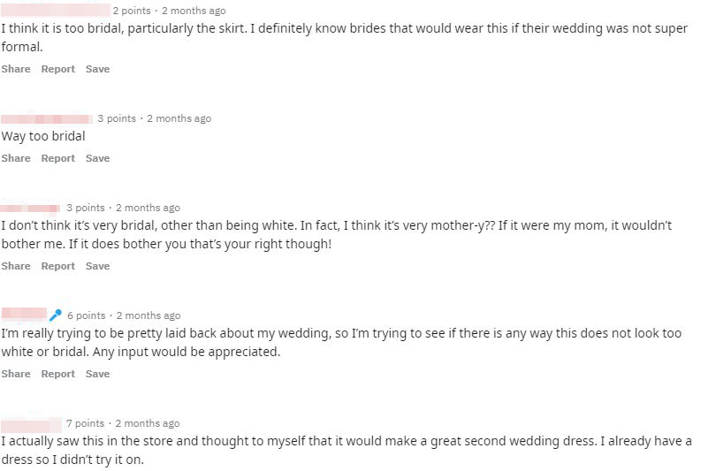 Others agreed it was "too bridal"