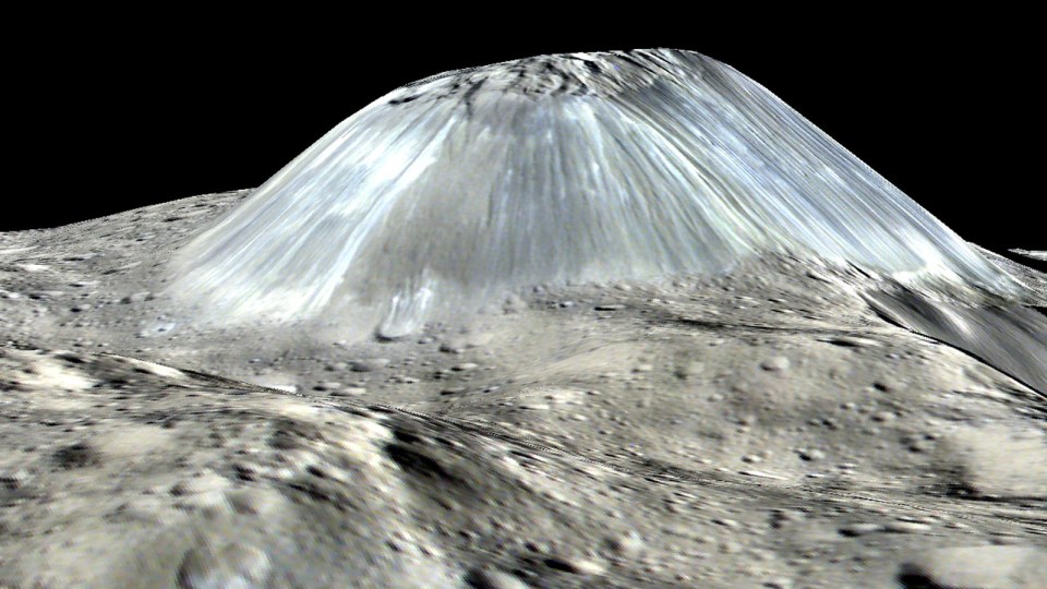  3D visualisation of a mountain on the dwarf planet Ceres based on data from Nasa's Dawn satellite