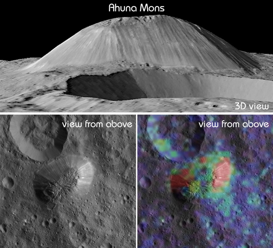 Different views of Ahuna Mons shown in digital images put together by Nasa