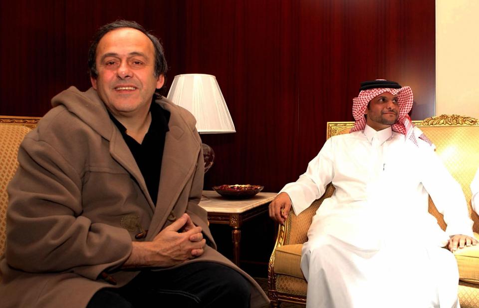  Michel Platini at a meeting with Sheikh Saud bin Abdul Ruhman al-Thani, part of the ruling Qatar family, in Doha in 2008