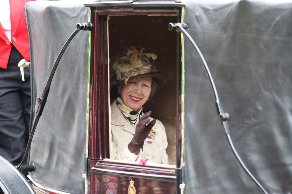 Princess Anne arrives wearing earthy tones as she waves to crowds