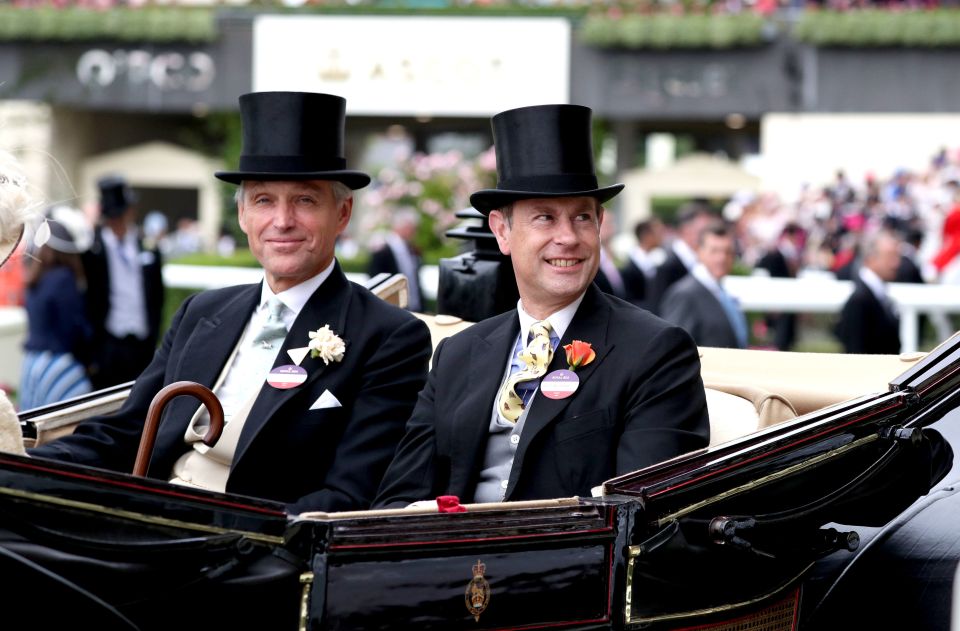 The Lord de Mauley Rupert Ponsonby (left) and The Earl of Wessex, Prince Edward arrive at the racecourse