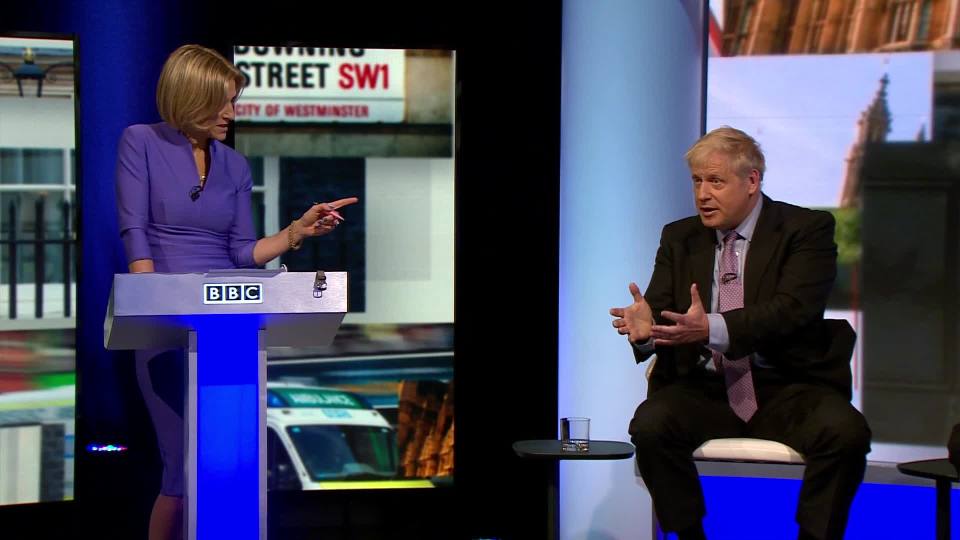  Emily Maitlis pointing at Boris Johnson during a leadership debate