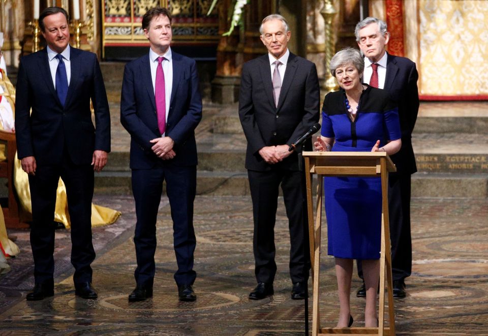  Mr Brown alongside Theresa May, Tony Blair, David Cameron and Nick Clegg, attending the funeral of Lord Heywood this month