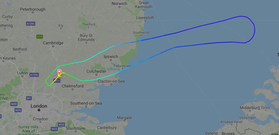 This flight map shows how the Jet2 flight turned around about 45minutes after takeoff