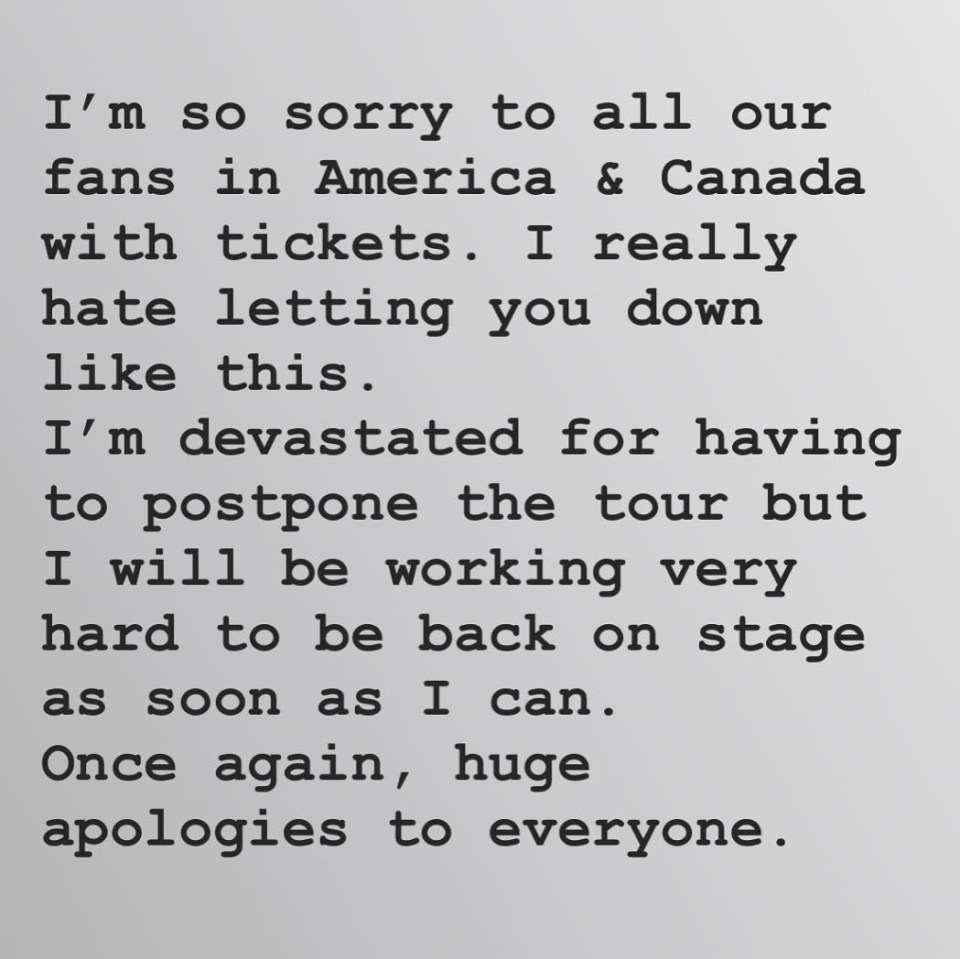  Mick posted a heart-felt apology on Instagram to let fans know the tour had been postponed