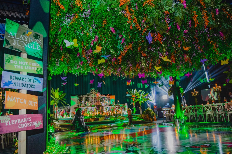  The couple paid attention to detail as the dancefloor was designed to follow the theme and was emblazoned with their child's name