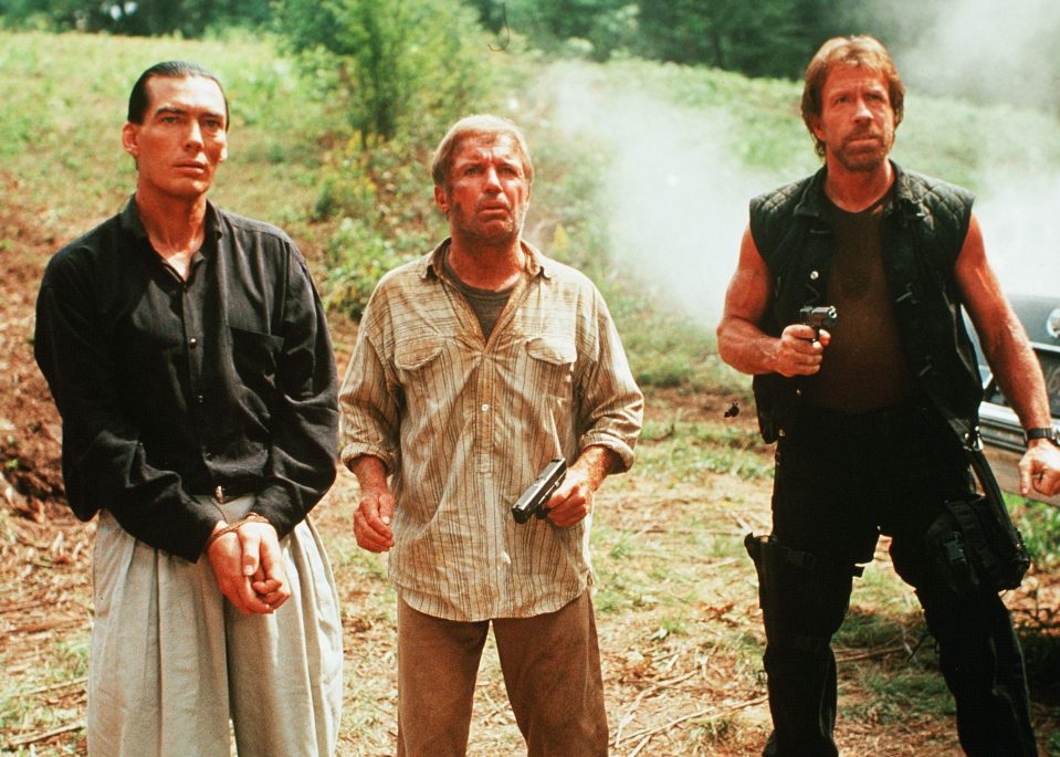  Billy Drago, left, alongside Richard Jaeckel and Chuck Norris in the 1990 film Delta Force 2