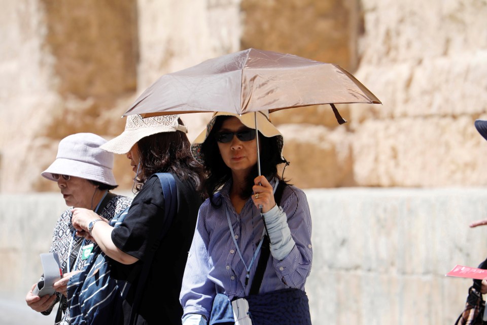  Tourists protect themselves from the sun in Los Naranjos courtyard of the Mosque-Cathedral of Cordoba, Spain