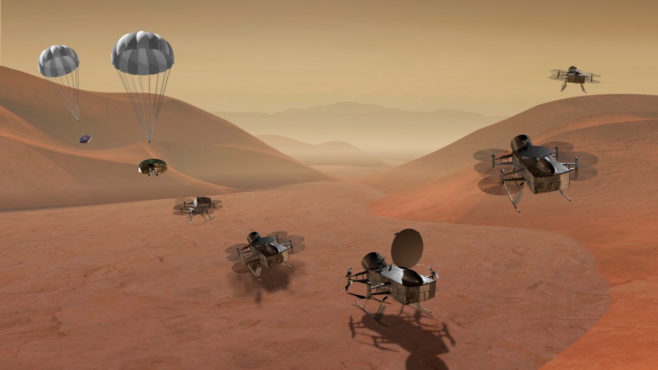 Nasa is landing a flying drone on Titan, Saturn’s largest moon. Pictured are artist’s impressions of the Dragonfly drone’s various stages, from landing (left) to scanning the surface (centre) and flying off to new locations (right)