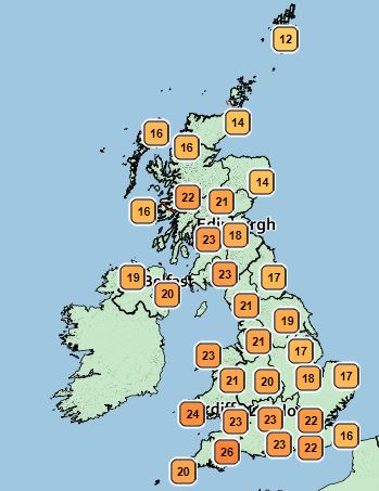 This Met Office weather chart for Thursday, June 27 shows how the mercury will rise to the mid-20s in some parts