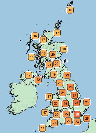 This Met Office weather chart for Saturday, June 29 shows the mercury tipping to 30C