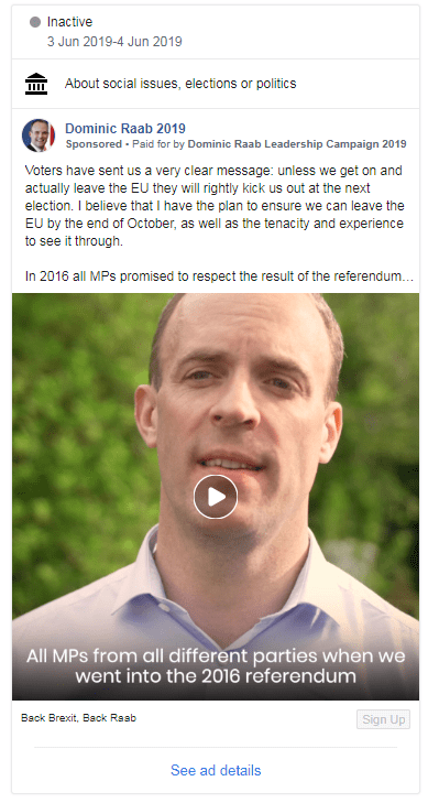  Dominic Raab's leadership campaign spent thousands on Facebook ads before he was knocked out