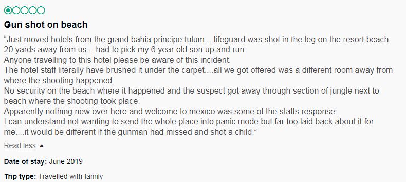  A guest on TripAdvisor claimed they were forced to "run with her child" after the shooting