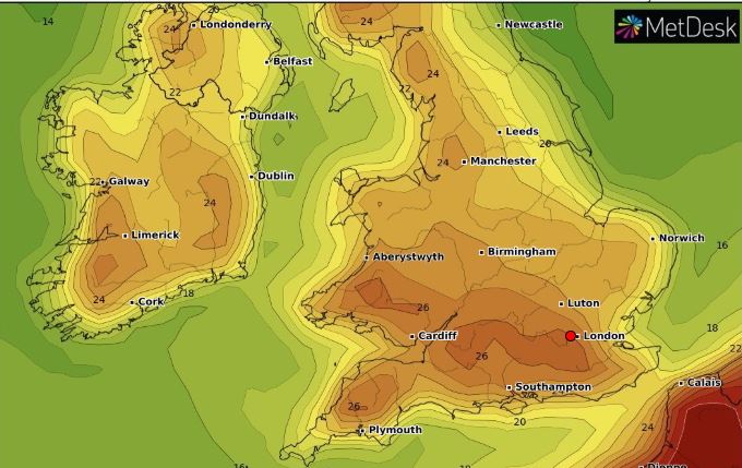 This WX Charts heat map illustrates temperatures will be in the high 20s and reach 30 in some places in the South