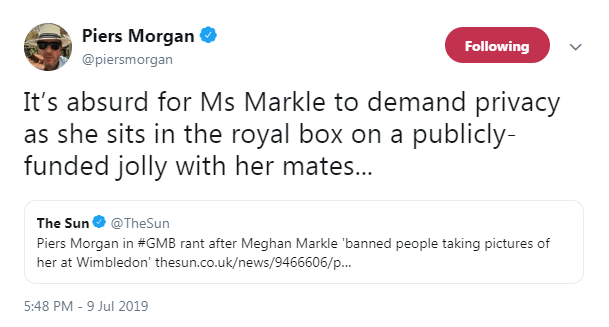  Piers Morgan followed up his rant by tweeting about the duchess