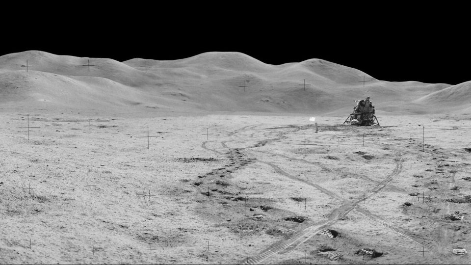  Panorama view of Station 8 and (Mons) Mt. Hadley taken during the third moonwalk of the Apollo 15 mission