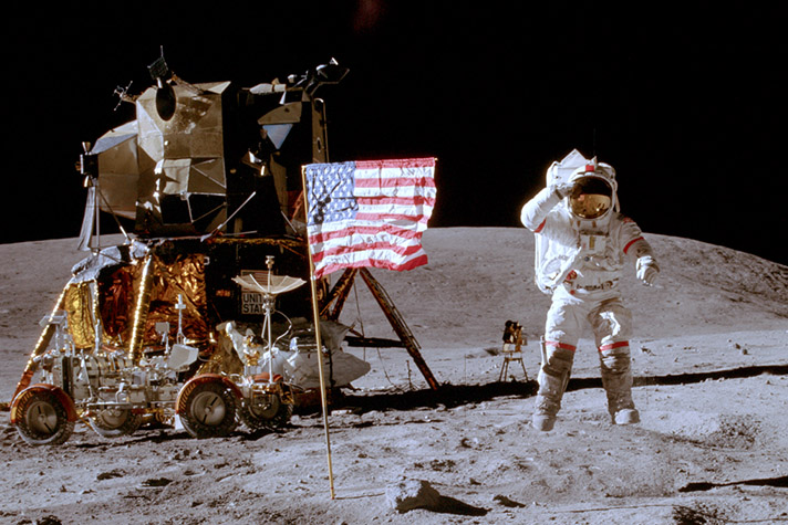  Charlie Duke salutes the American flag on the lunar surface in 1972