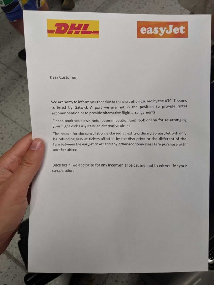 Ryan was handed a letter after his flight was cancelled