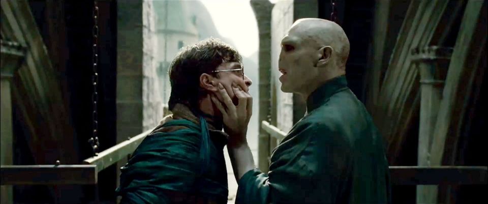 Daniel Radcliffe as Harry Potter and Ralph Fiennes as Lord Voldemort in Harry Potter And The Deathly Hallows Part I