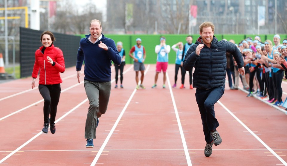 Catherine, Prince William and Prince Harry race during a Marathon Training Day in 2017