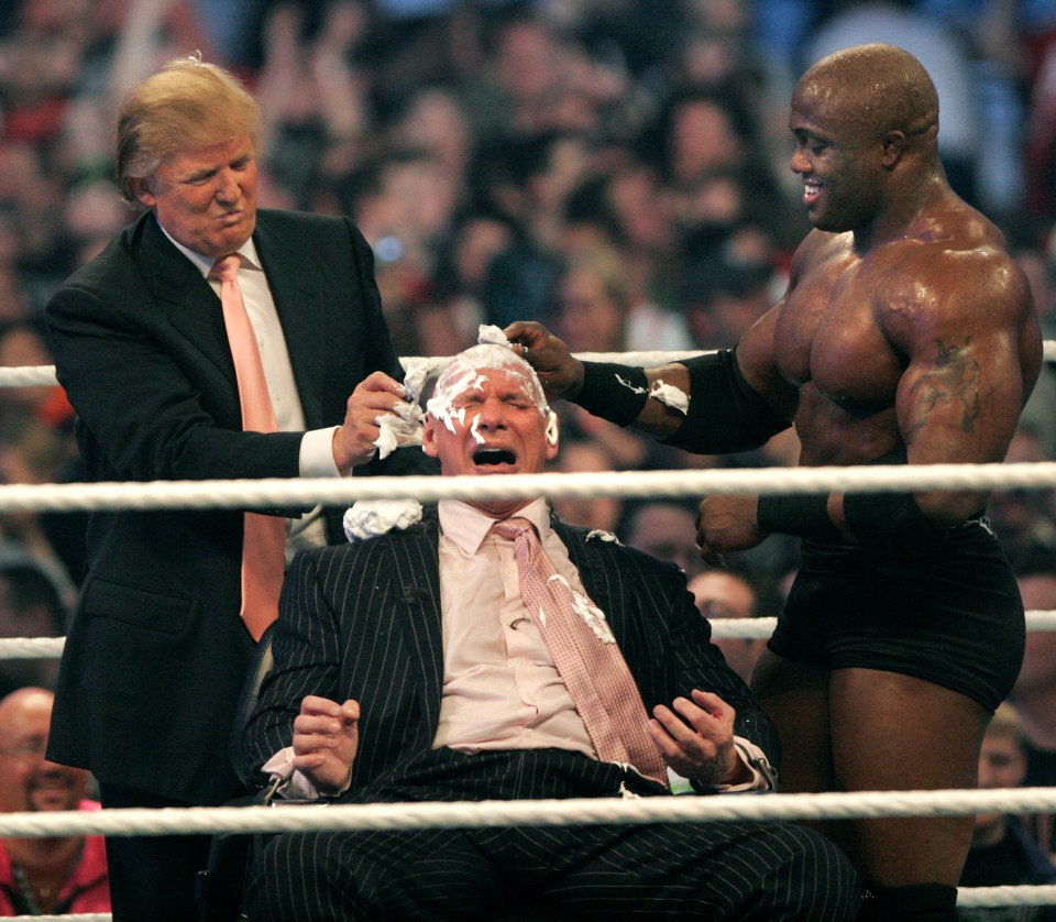  Trump helping shave WWE owner Vince McMahon's head in 2007