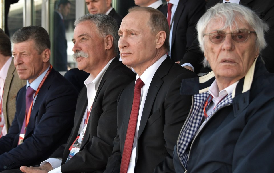  From the left: Russian Deputy Prime Minister Dmitry Kozak, Formula 1 supremo Chase Carey, Russian President Vladimir Putin, and former F1 supremo Bernie Ecclestone watch from the stands during the Formula One Grand Prix of Russia in 2017